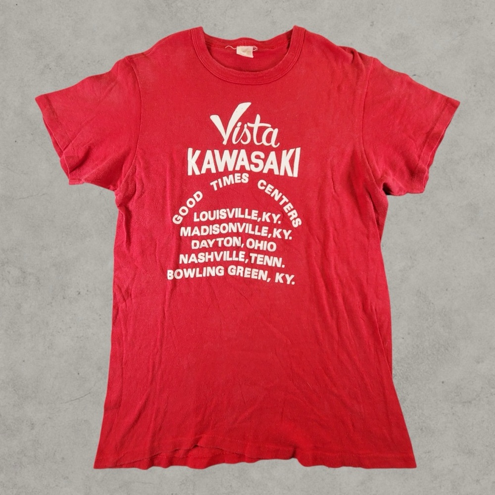 Vintage Kawasaki Shirt Mens‎ Medium Red 1970s Motorcycle Vista Single Stitch 70s